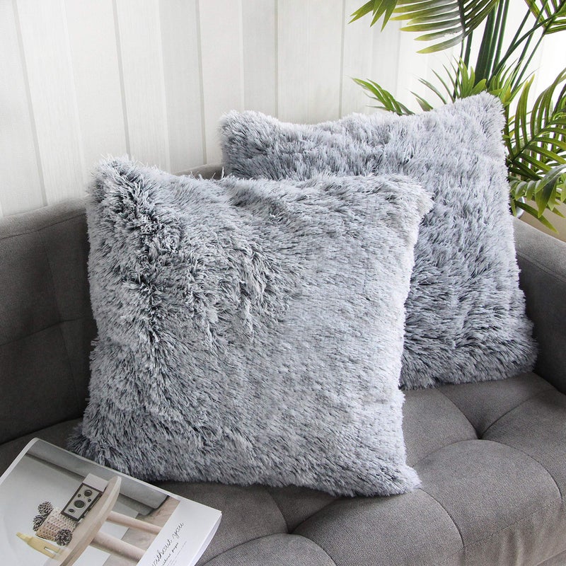 Uhomy 2 Packs Fluffy Accent Pillows Cover 20"x20", Soft Black Ombre Artificial Fur Throw Pillow Case, Modern Luxury Decorative Square Cushion Cover for farmhouse home decor for Sofa/Bed/Chair, 50x50cm - Image 1